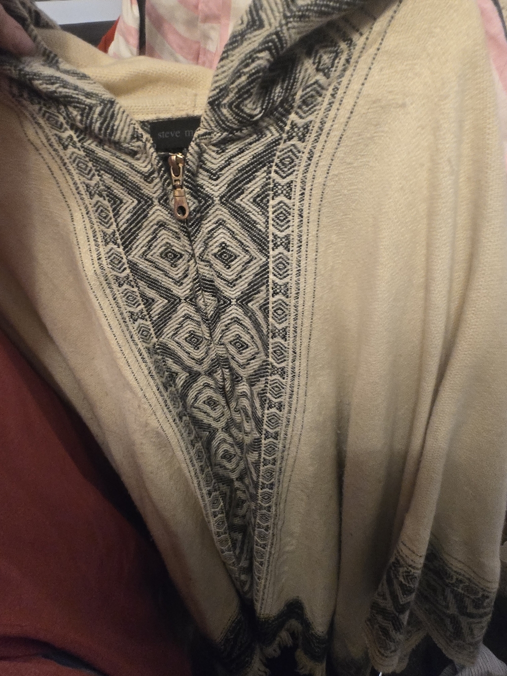 Steve Madden Cream and Black Geometric Hooded Poncho